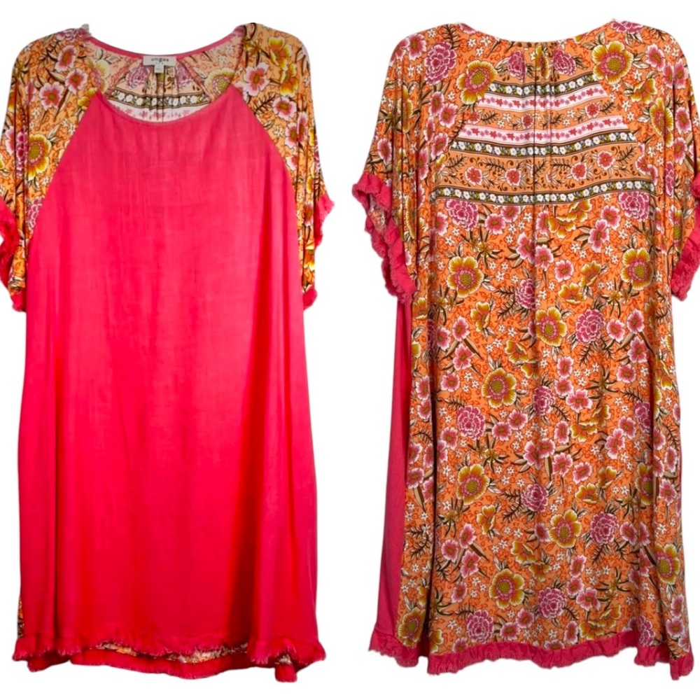 Umgee Coral Solid Linen Front & Floral Back Panel Rough Edge Shift Dress Sz L
